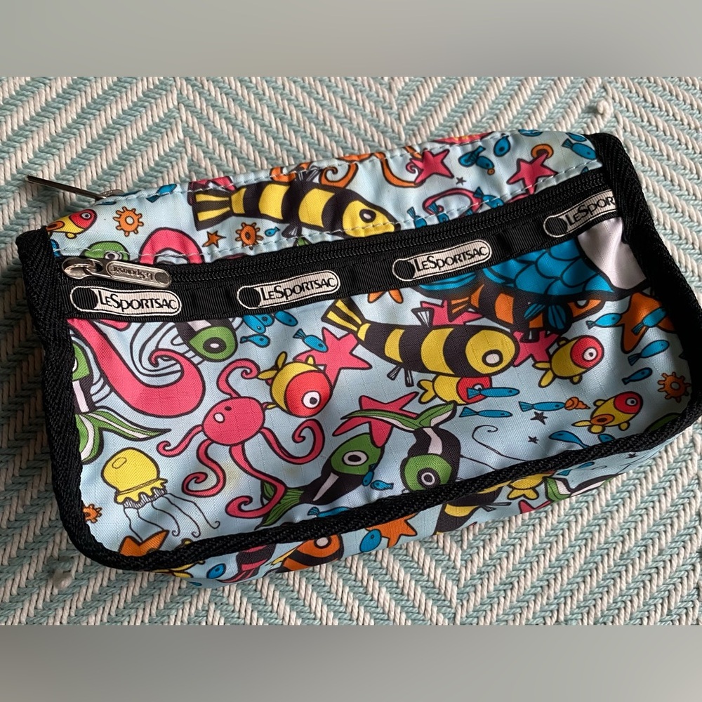LeSportsac Ocean Print Zip Pouch Bag - Light Blue with Black Accents